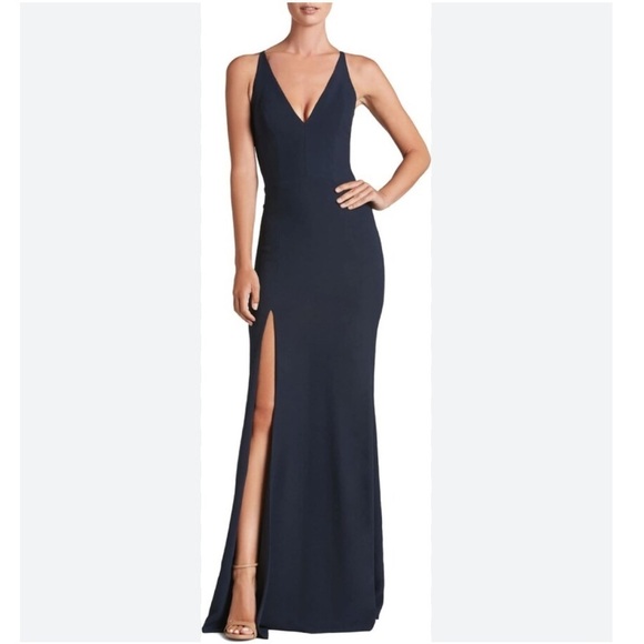 New Dress the Population Iris long midnight blue V-neck Dress with leg slit navy - Picture 3 of 13